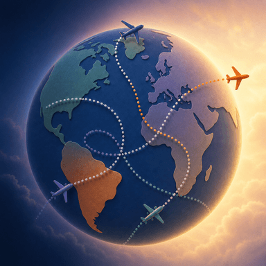 Globe with colorful flight paths and airplanes traveling in different directions