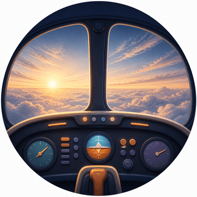 View from an airplane cockpit toward a bright horizon